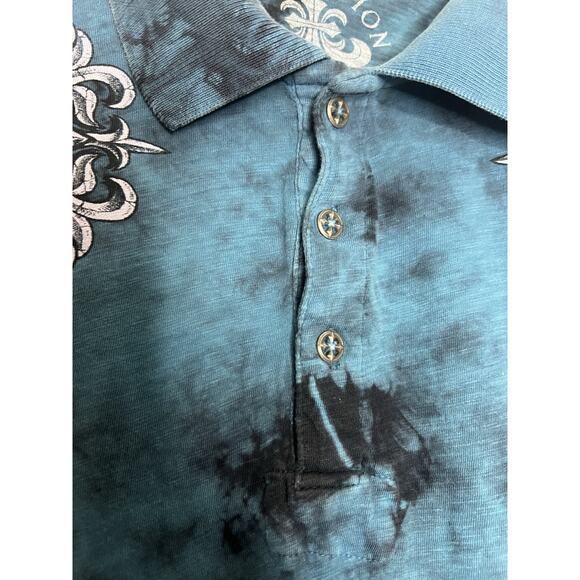 Affliction Mens Polo Shirt Large Blue Tie Dye Live Fast Short Sleeve Cross - Picture 4 of 10